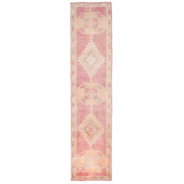 Vintage Turkish Hand-Knotted Wool Cotton Pink Runner Rug 80x365