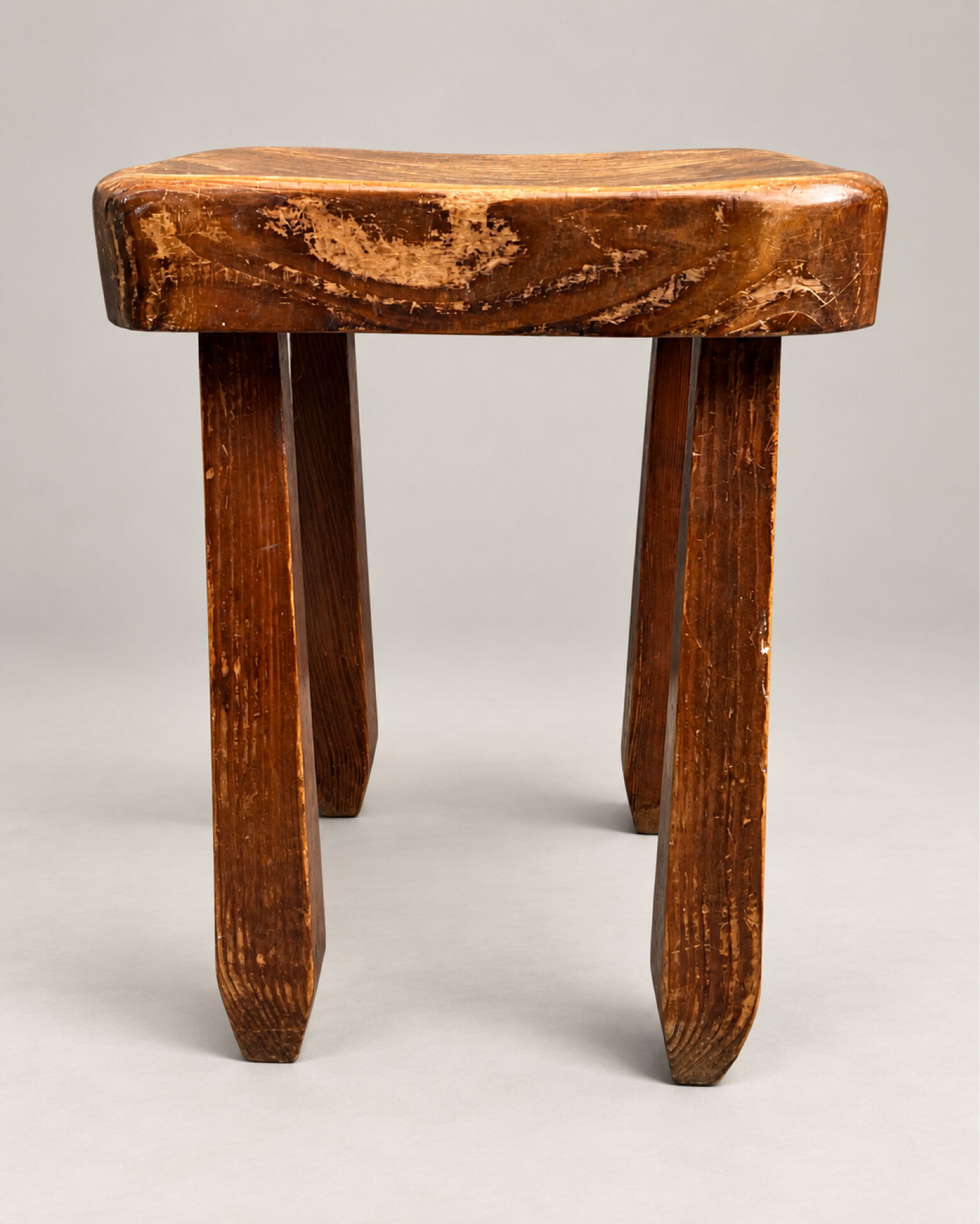 Vintage sculptural solid wood stool, brutalist style.
