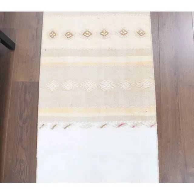 Vintage Turkish Oushak Handmade Wool Cotton White Kilim Runner Rug 58x236