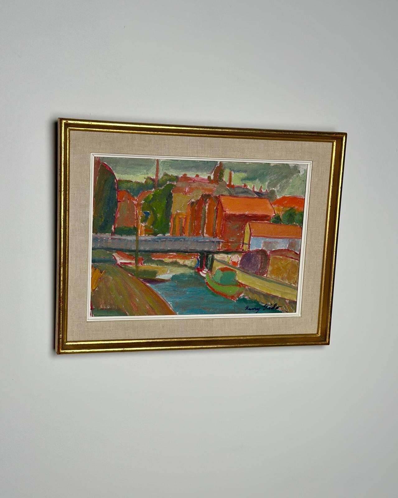 Huile sur toile originale suédoise – « Village » par Kerry Gado – Vintage et encadrée – 59 × 46 cm (23,2" × 18,1")