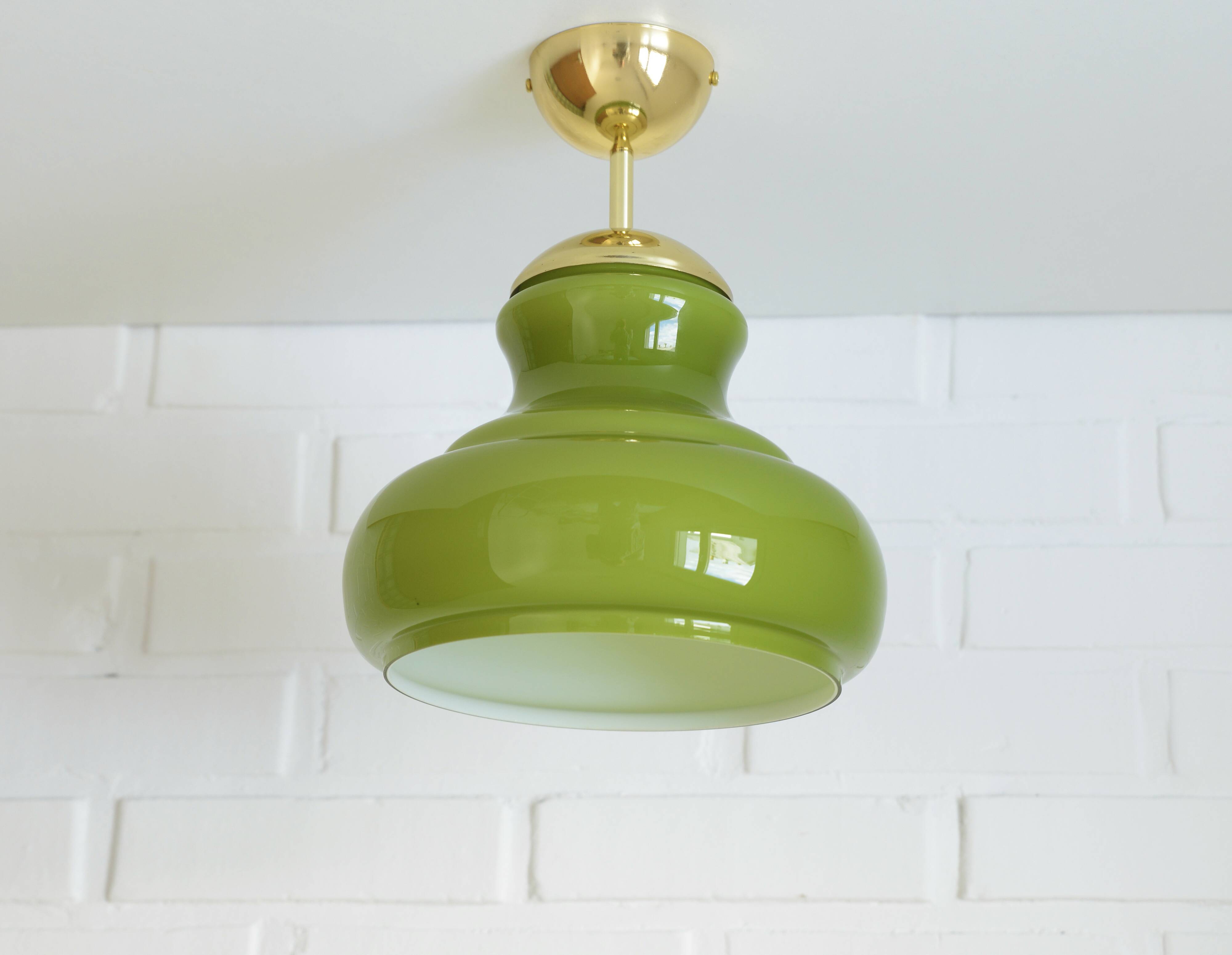 Vintage Avocado Green Glass Pendant Lamp / Yugoslavia 1970's