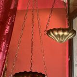 Italian Art Nouveau Hanging Bowl Pendant Lamps or Planters in Hand-Hammered Brass, 1890s, Set of 2