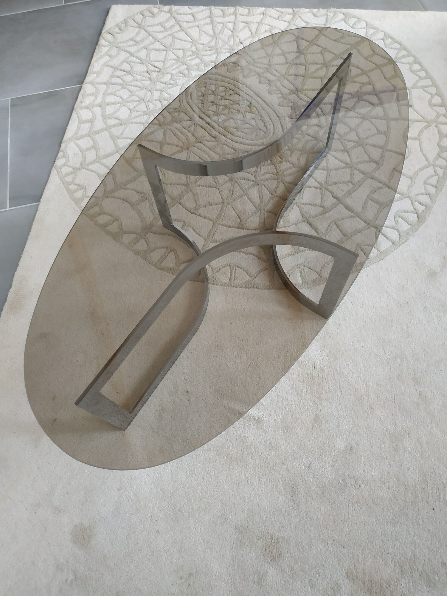 Paul Legeard's coffee table chrome metal and oval smoked glass tray typical of the 70s