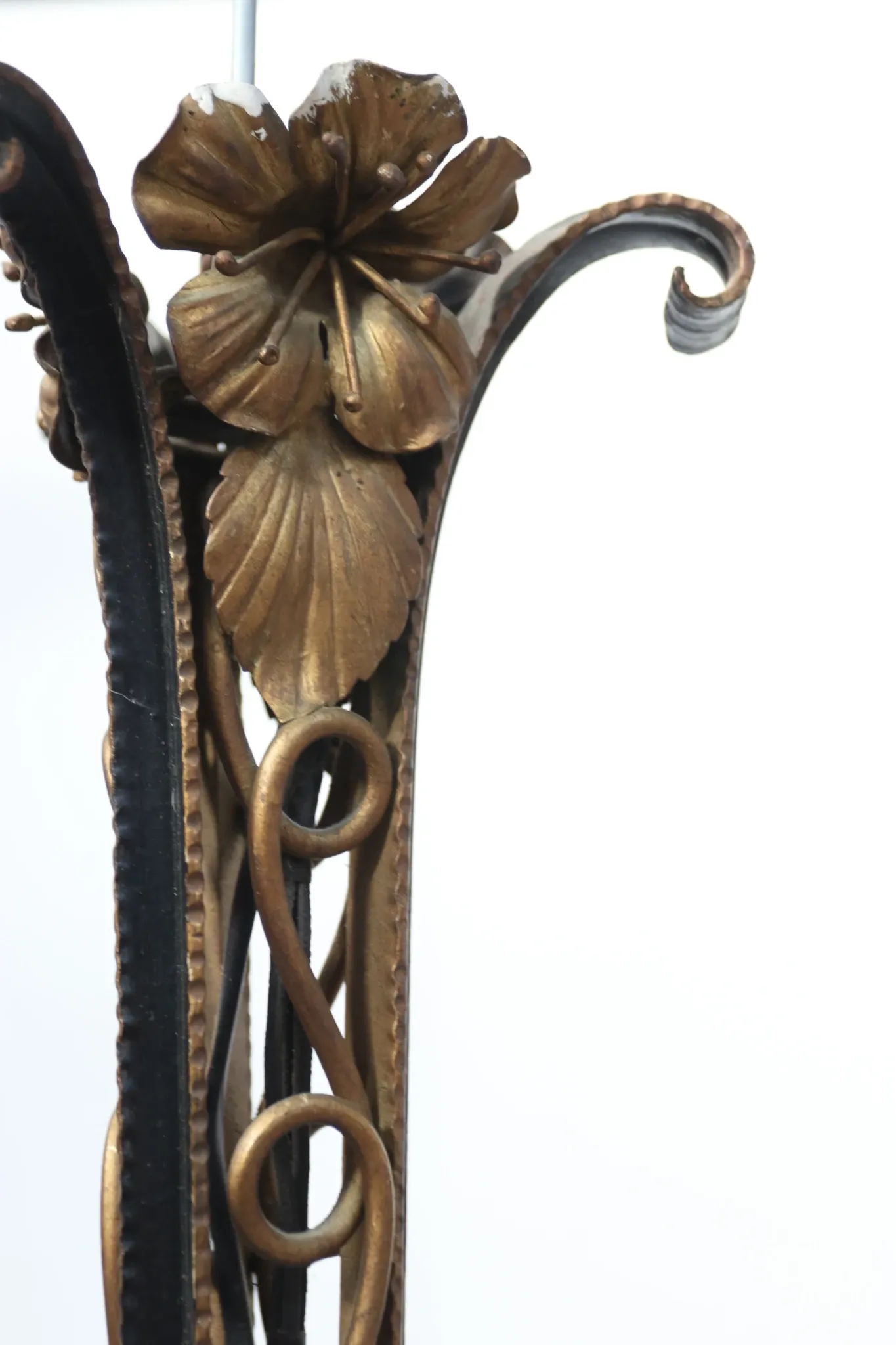 French Art Deco wrought iron pendant lamp, pressed glass, 1920s-30s
