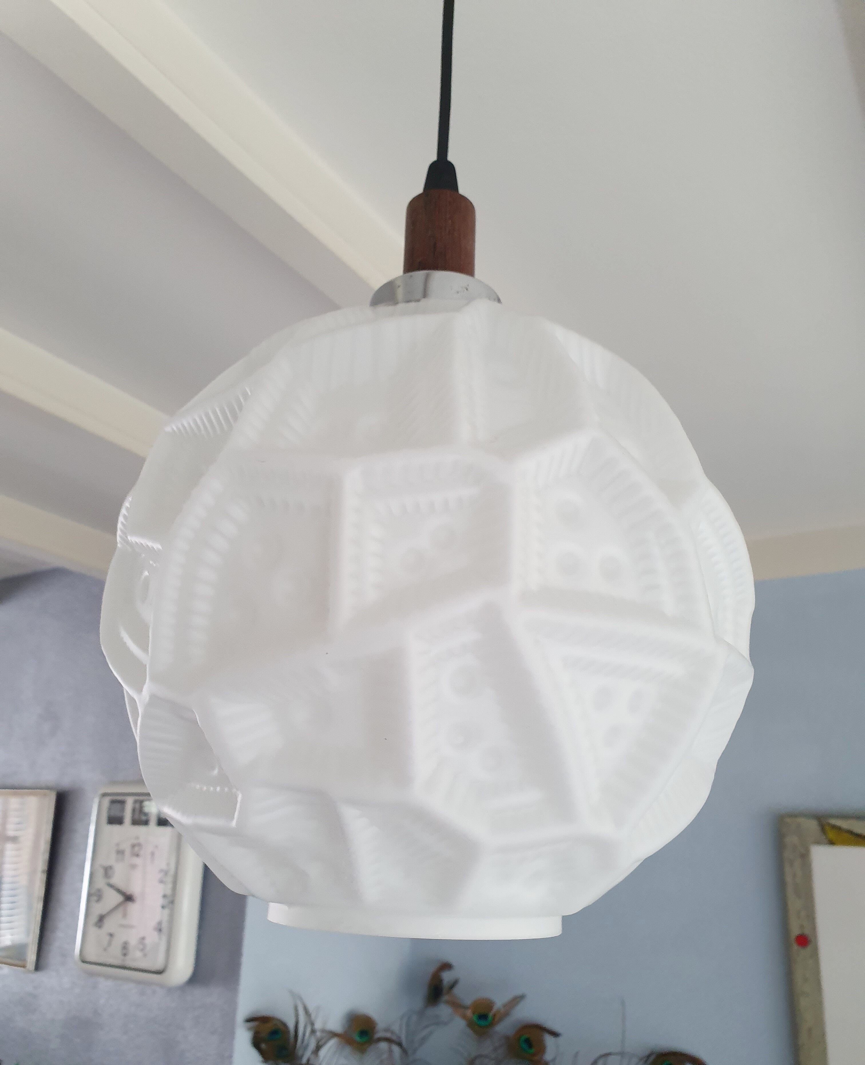 Glass sphere pendant light with teak, danish design, 70s