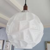 Glass sphere pendant light with teak, danish design, 70s