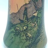 Large enameled glass vase in the style of Legras decor of the shepherd and his sheep