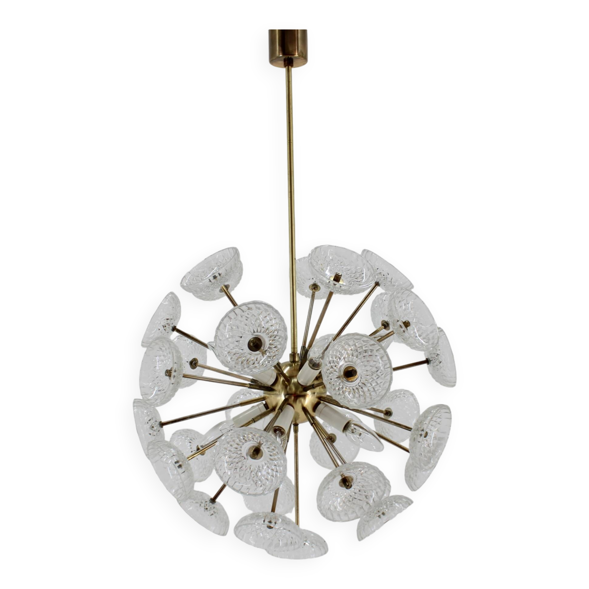 1970s Glass Dandelion Chandelier in Brass Finish by Kamenicky Senov, Czechoslovakia