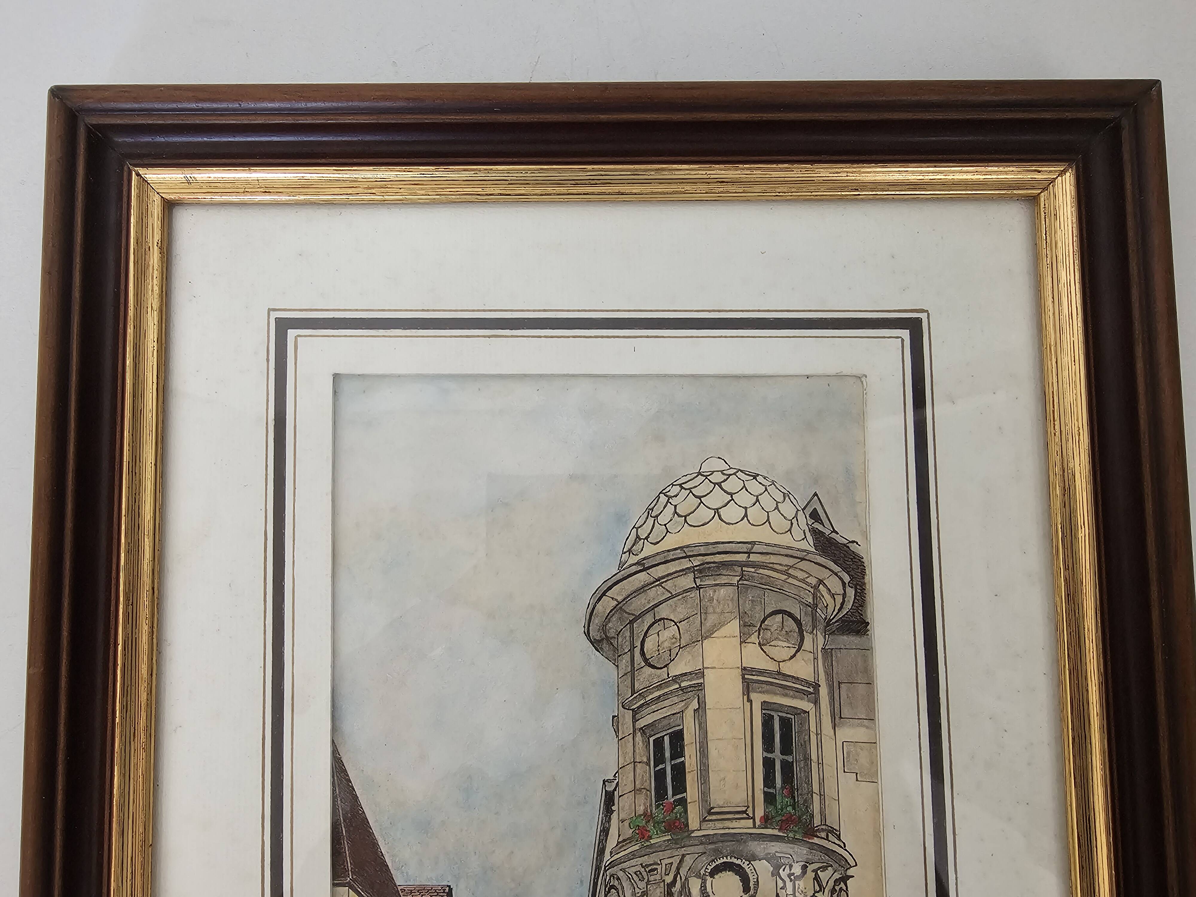 Tableau Encre de chine & pastel - Dijon Place des ducs - E Poinet