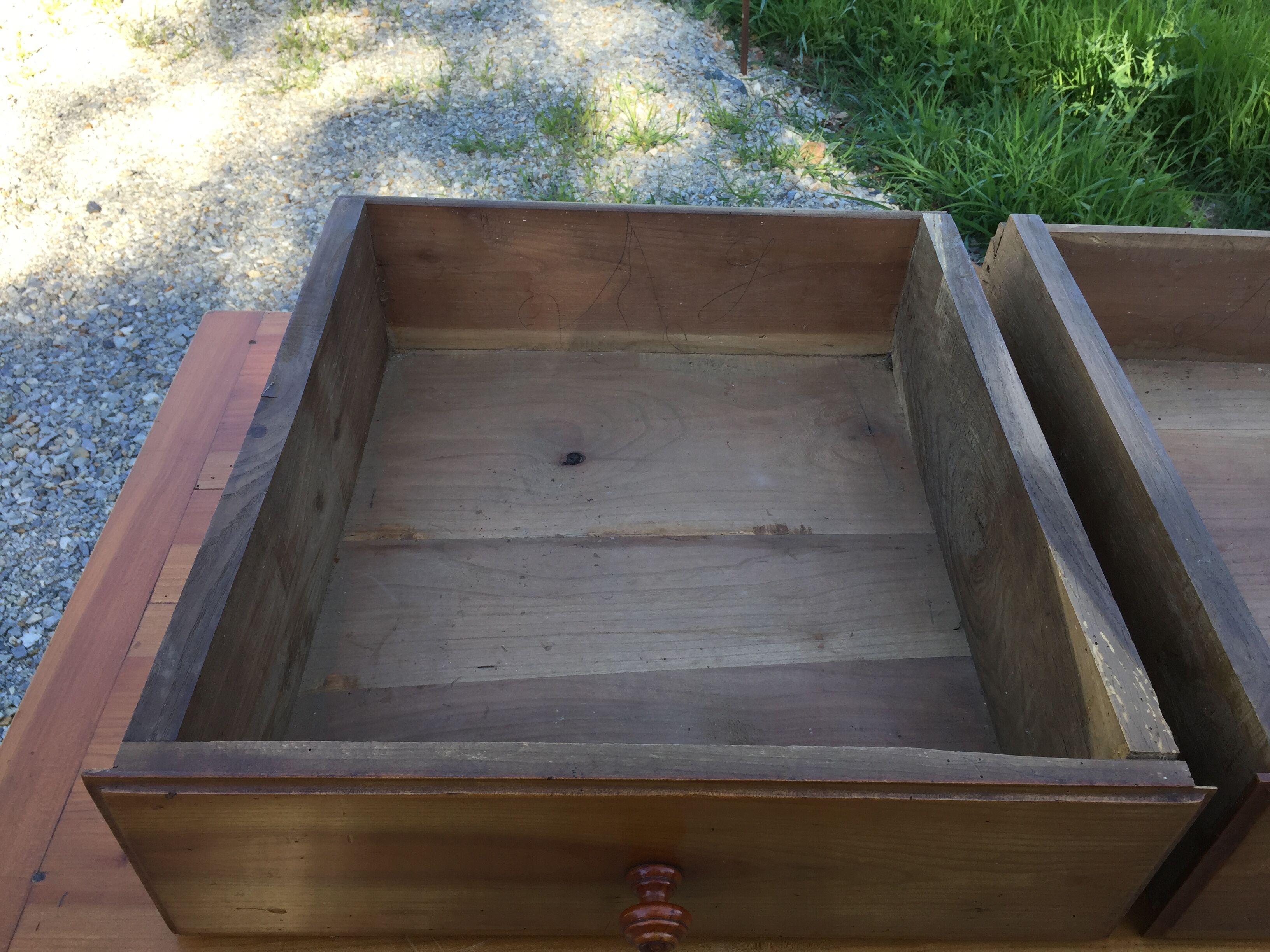 Old farmhouse table louis Philippe style in solid cherry with turned feet.