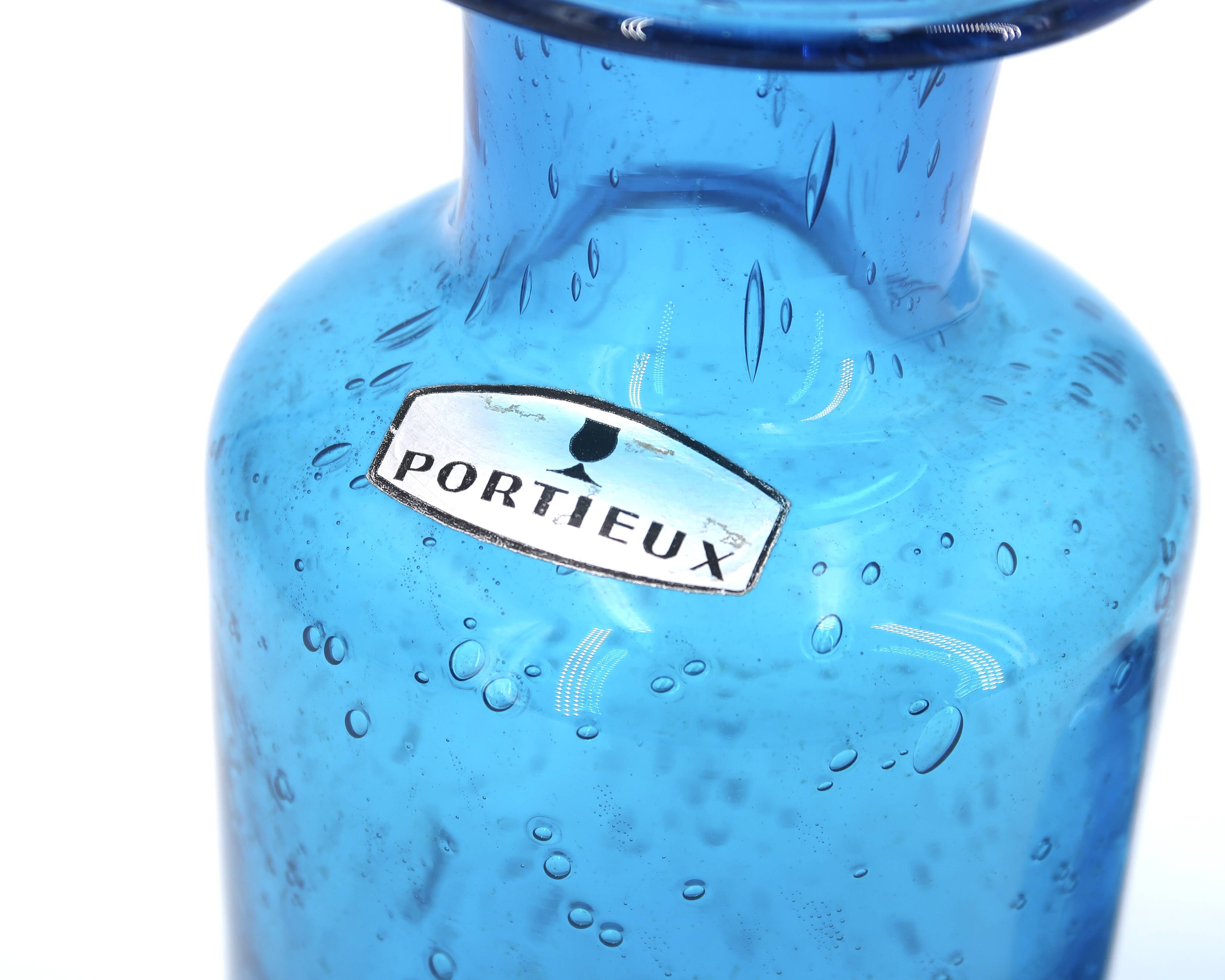 Blue bubbled glass carafe from Portieux, 1970s