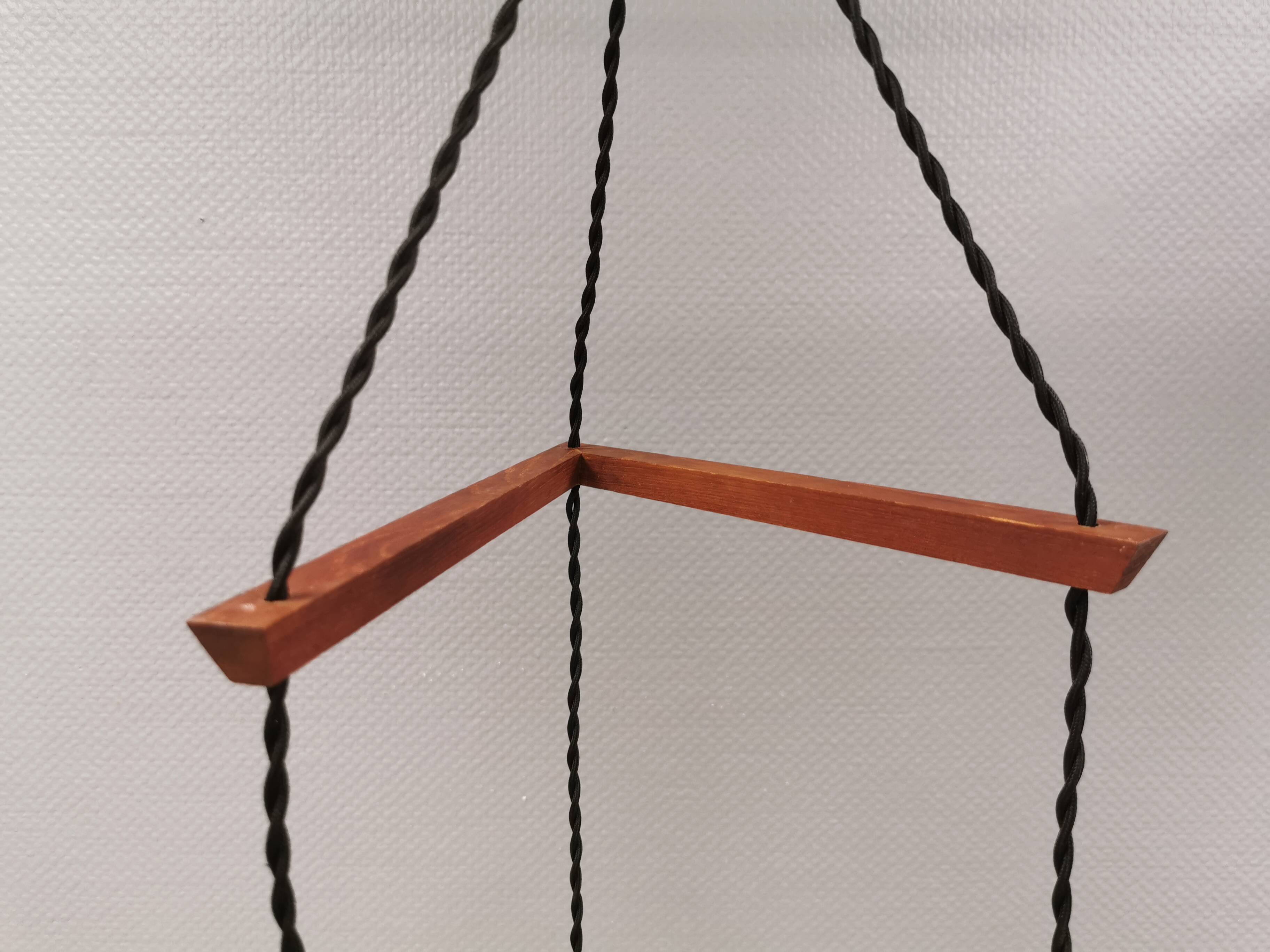 Three-part pendant in crystal glass, teak wood, and thin dusty green metal