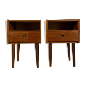 Pair of mid-century modern teak bedside tables with drawer.