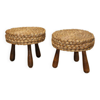 Pair of vintage stools in woven rope and wood, 1960s