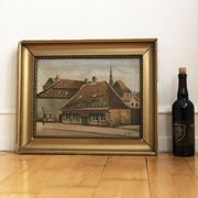 Large Original Vintage Countryside Cottage Oil Painting, circa 1923