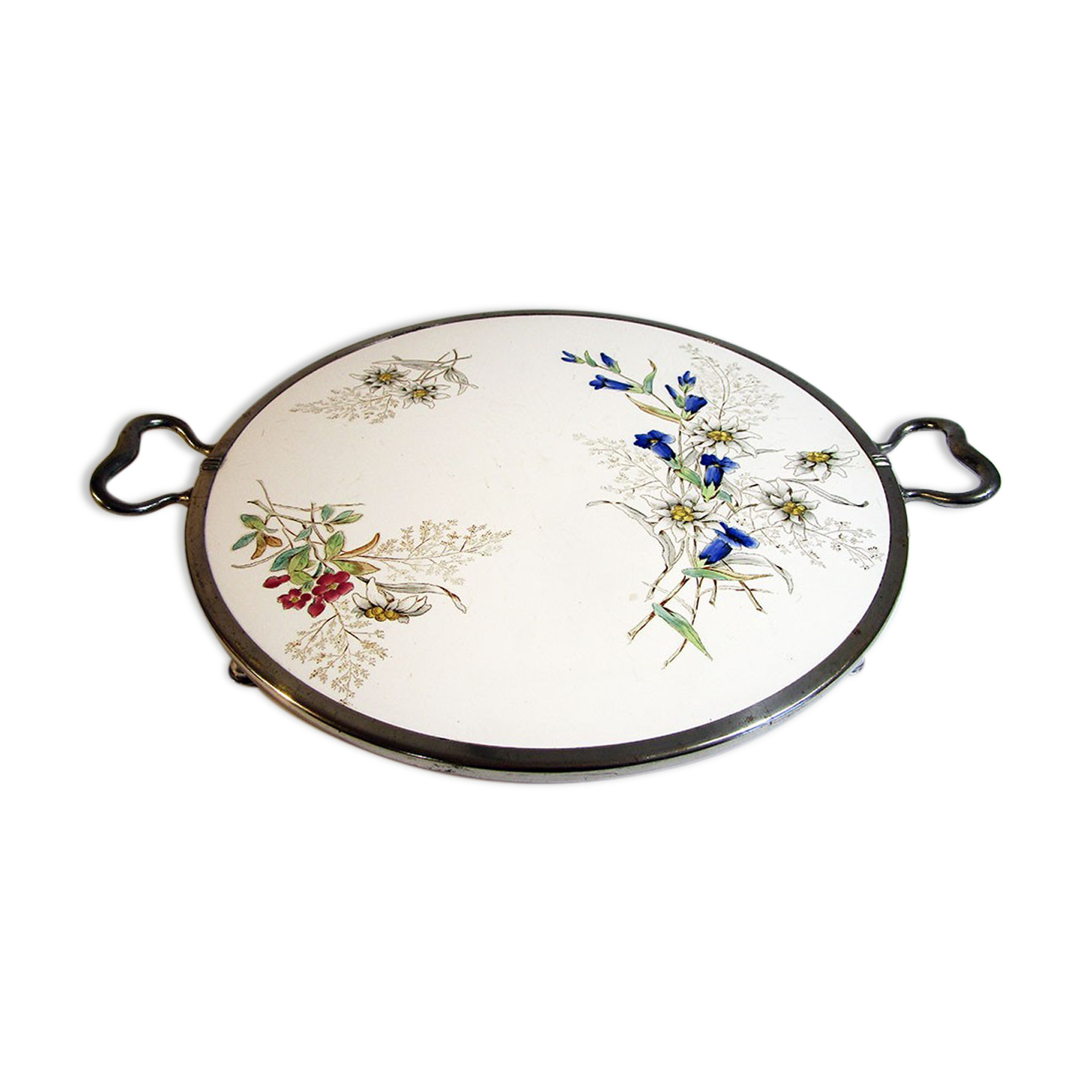 Round tray in earthenware and metal with handles