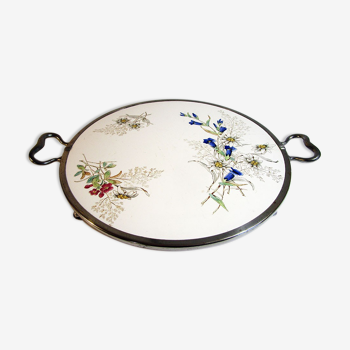 Round tray in earthenware and metal with handles