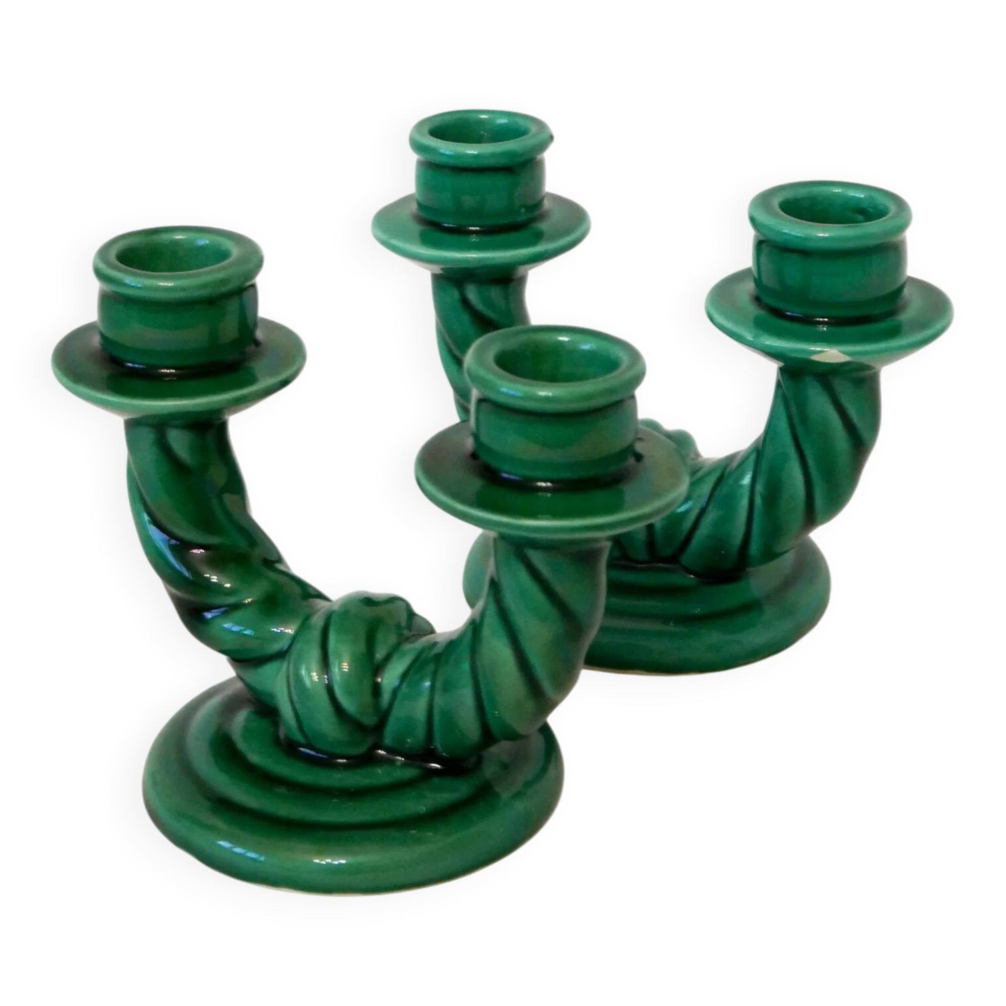Pair of twisted green ceramic double candlesticks, 1960.