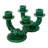 Pair of twisted green ceramic double candlesticks, 1960.