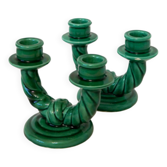 Pair of twisted green ceramic double candlesticks, 1960.