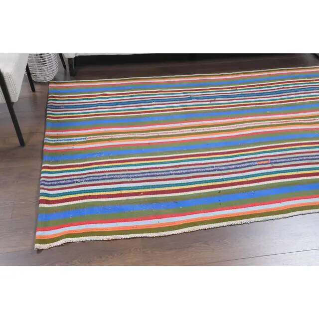 Vintage Turkish Oushak Handmade Wool Cotton Blue Kilim Area Rug 154x230