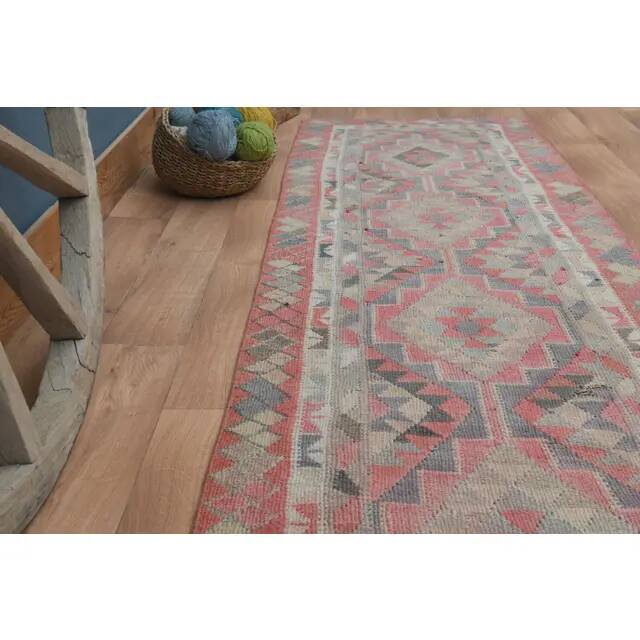 1970s Vintage Turkish Handmade Wool & Cotton Pink Runner Rug