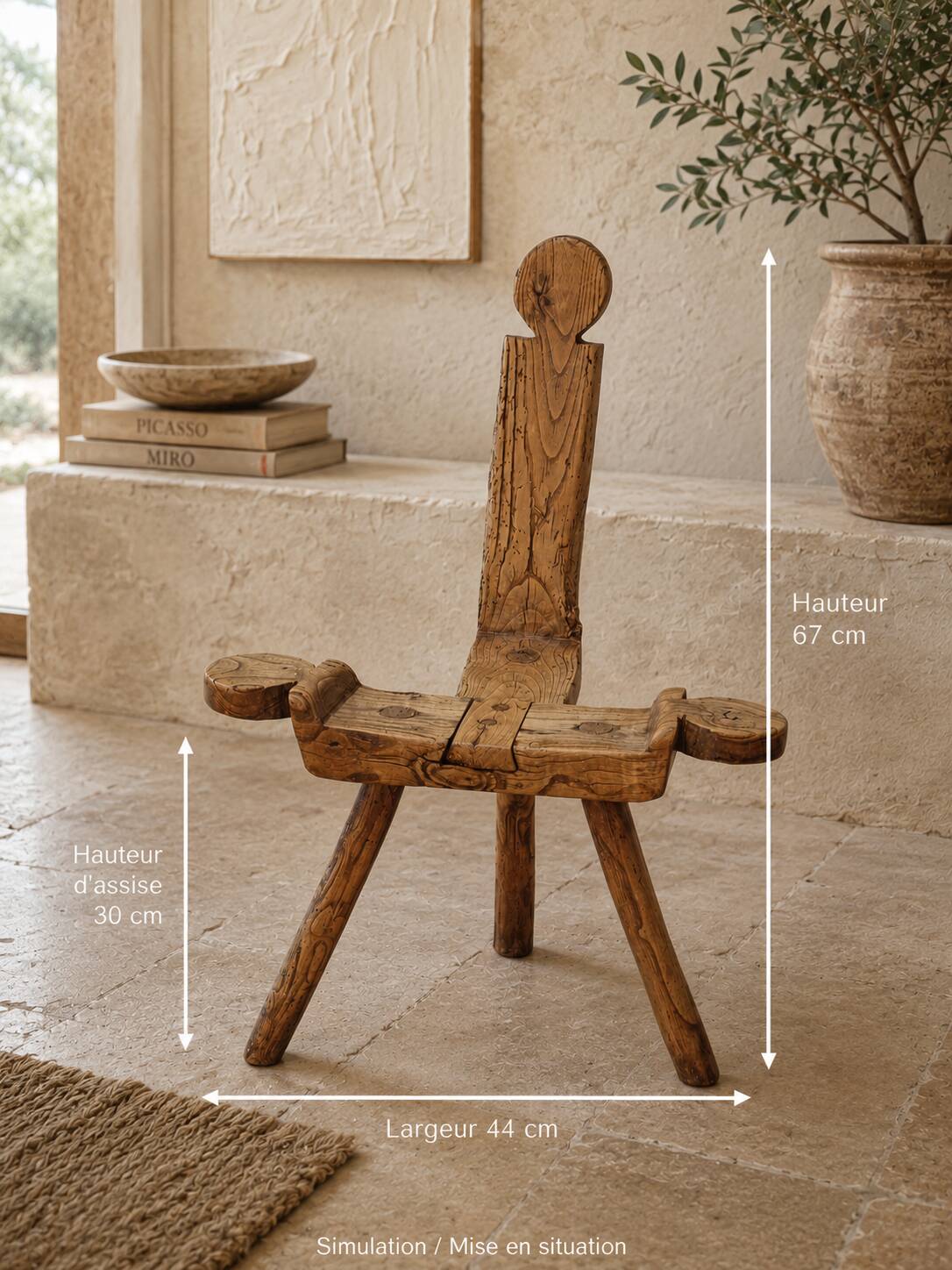 Brutalist chair in solid wood, European handcrafted work from the early 20th century.