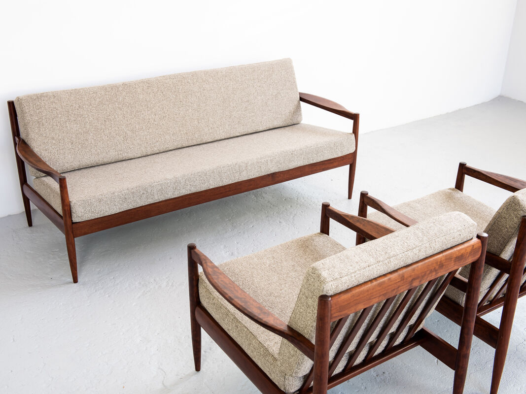Sofa and armchairs set in walnut and fabric, 1960s