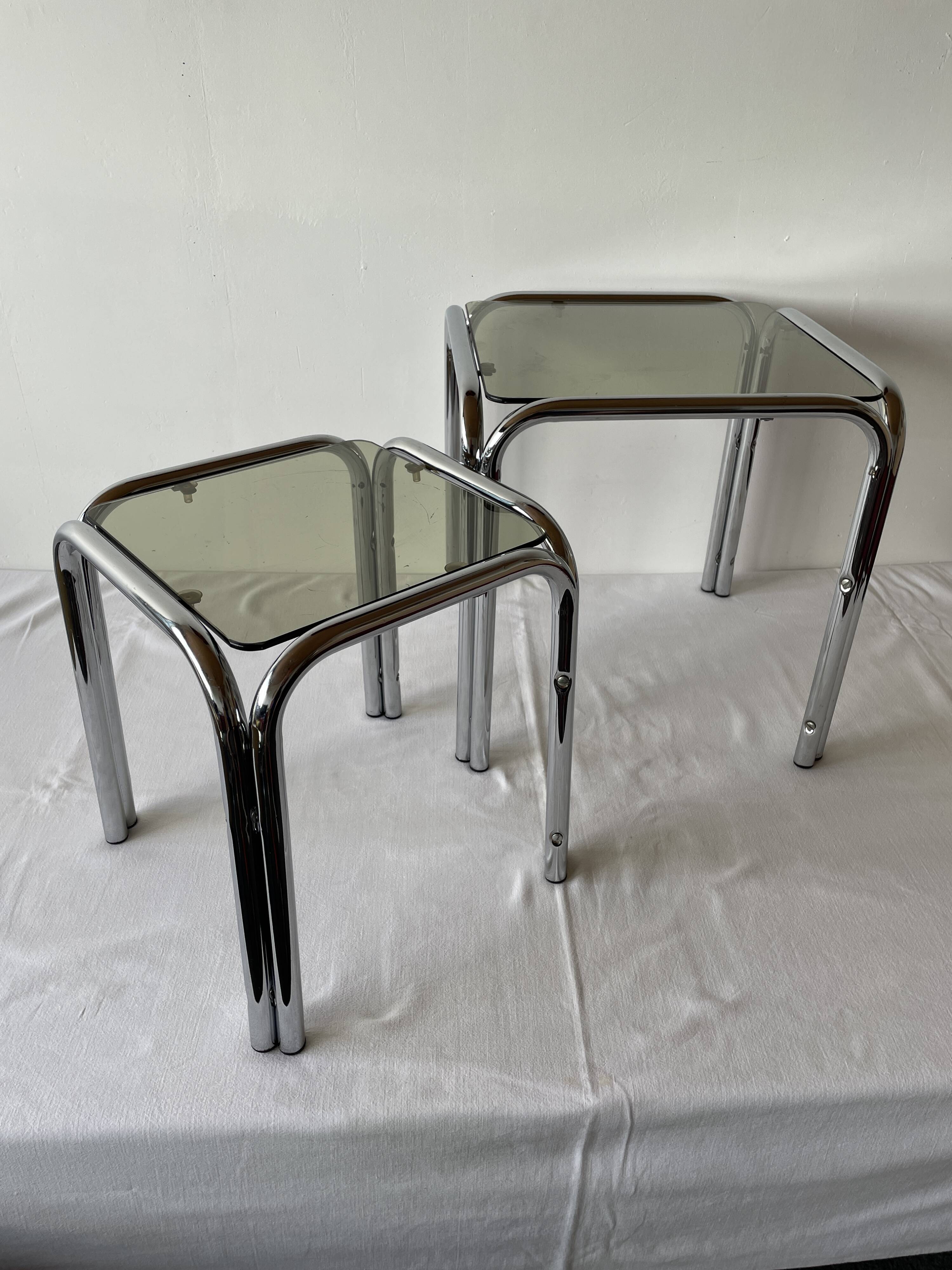 Chrome and smoked glass nesting tables, 1970s