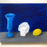 Tableau huile bleu nature morte