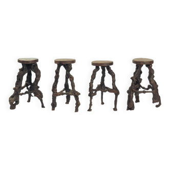 4 Tripod Bar Stools in Vine Wood and Oak, Handmade, France, 1950s