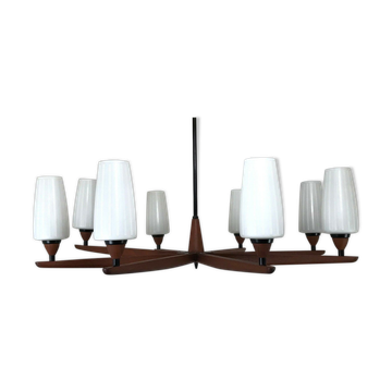 Lustre en teck des années 60 70 Lustre Uno & Osten Kristiansson pour Luxus