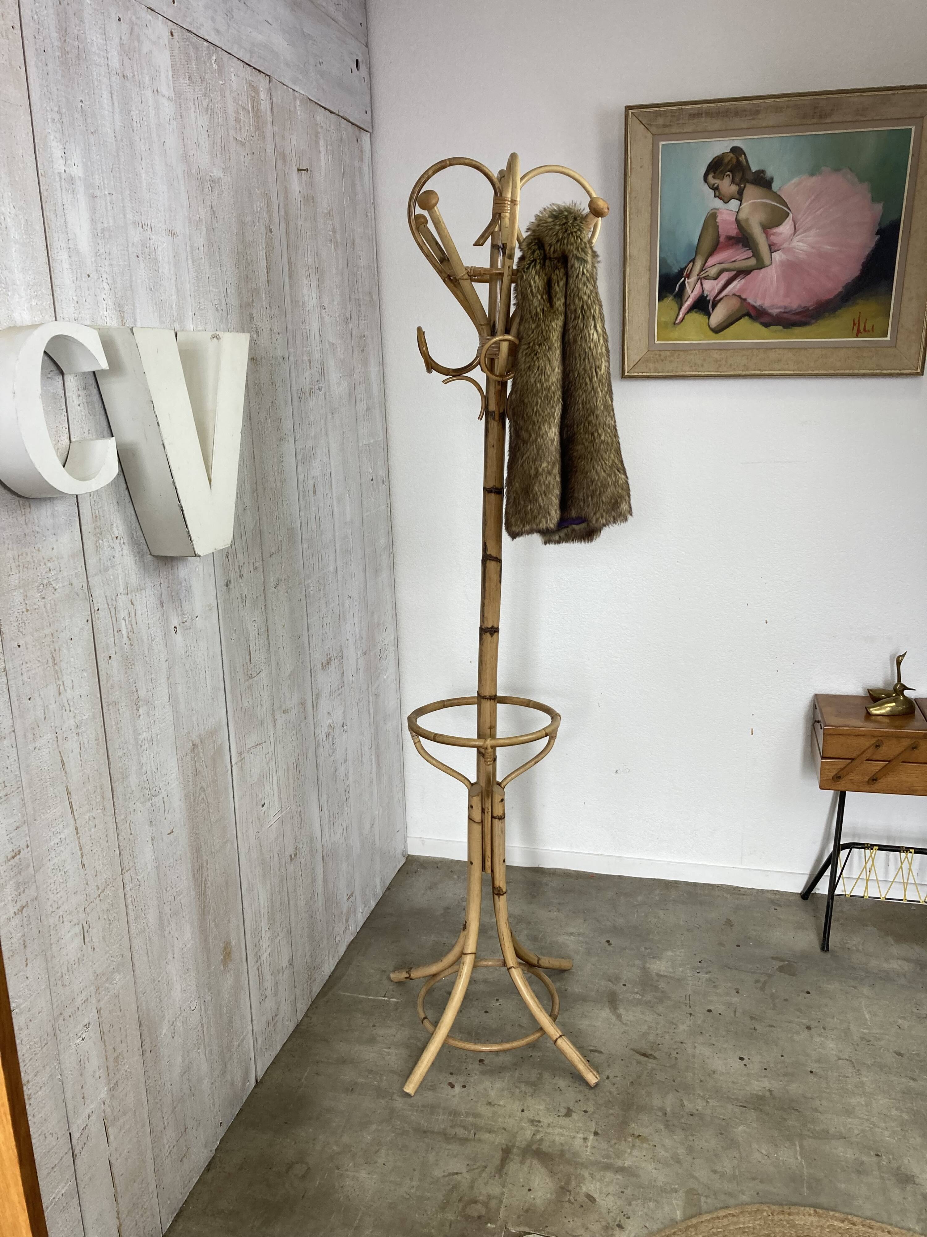 Vintage rattan coat rack