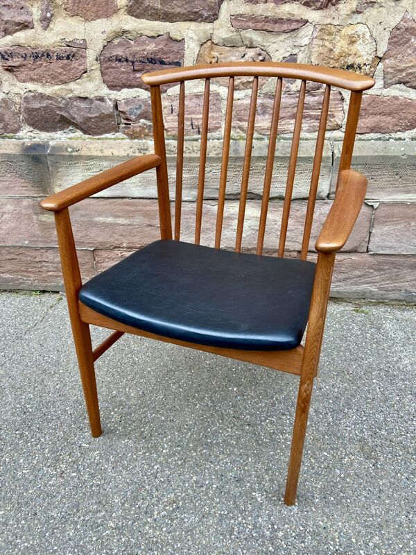 Fauteuil de bureau scandinave Suédois vintage 1960-70 teck & simili cuir