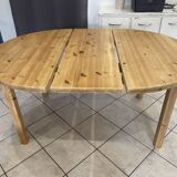 Round table 117cm extendable with a solid pine extension, vintage from the 1970s.