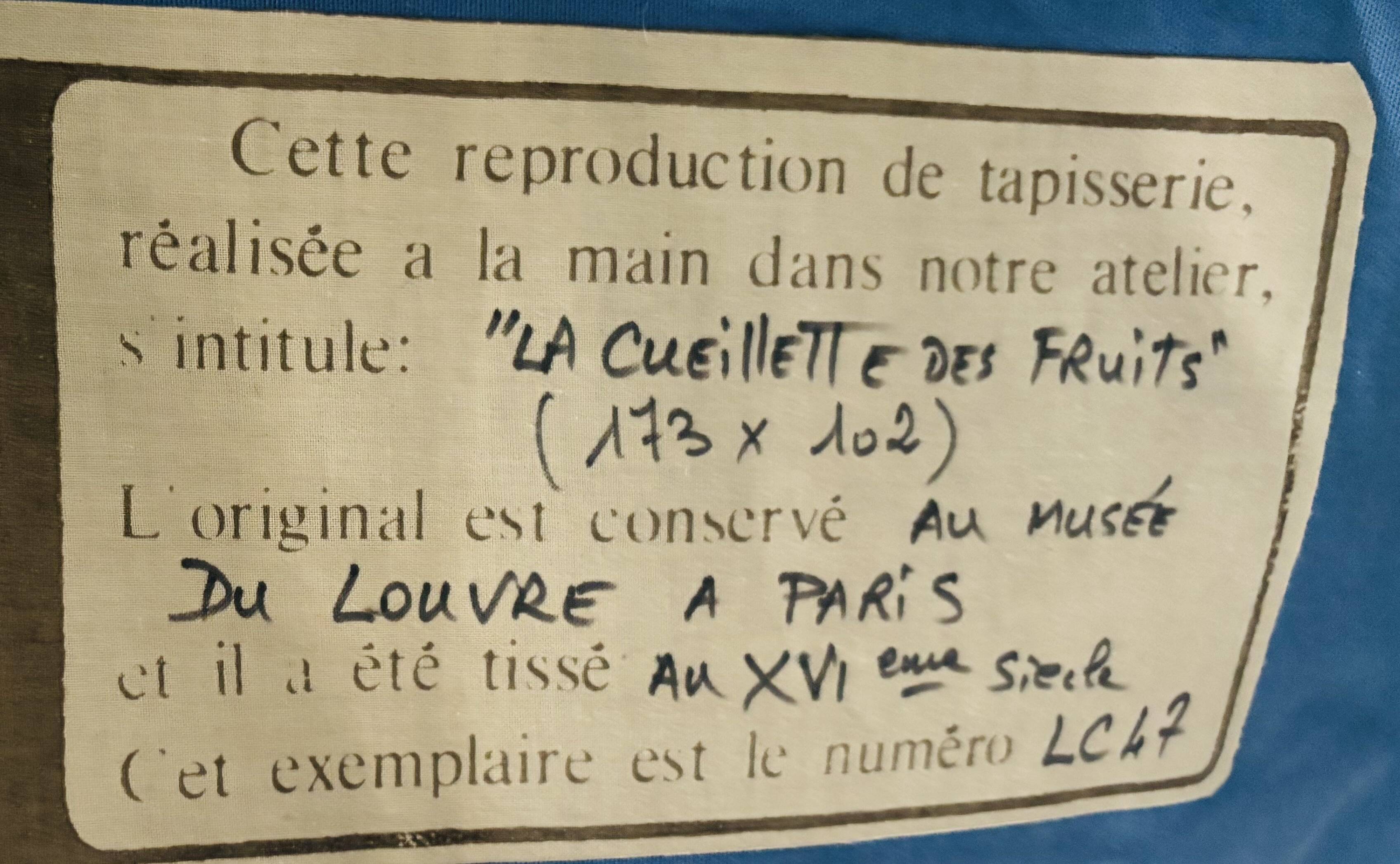 Reproduction tapisserie murale tissée main "Cueillette de fruits XVIème s. Musée du Louvre