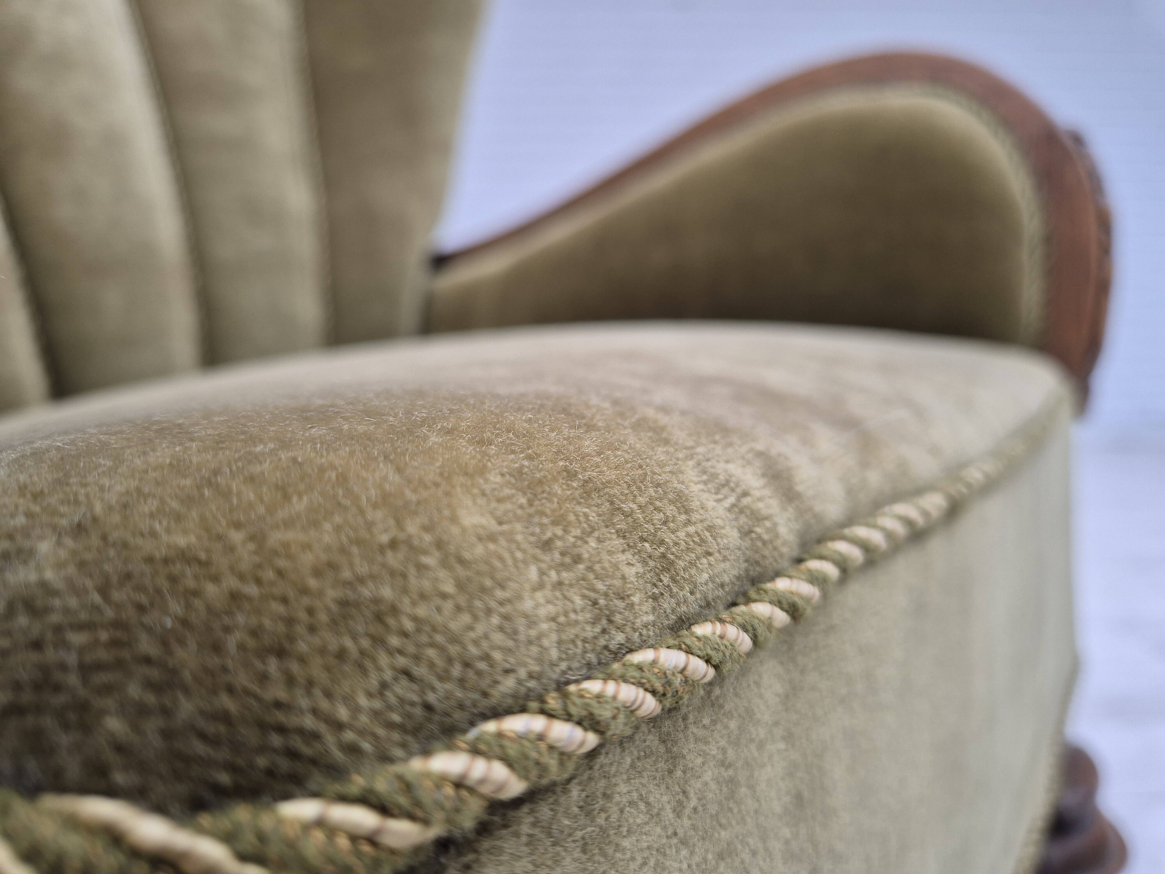 1960s, Danish relax armchair, green furniture velour fabric, oak wood.