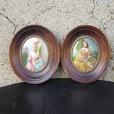 Paire de miniatures anciennes Portrait d'après des dames du XVlllsiècle