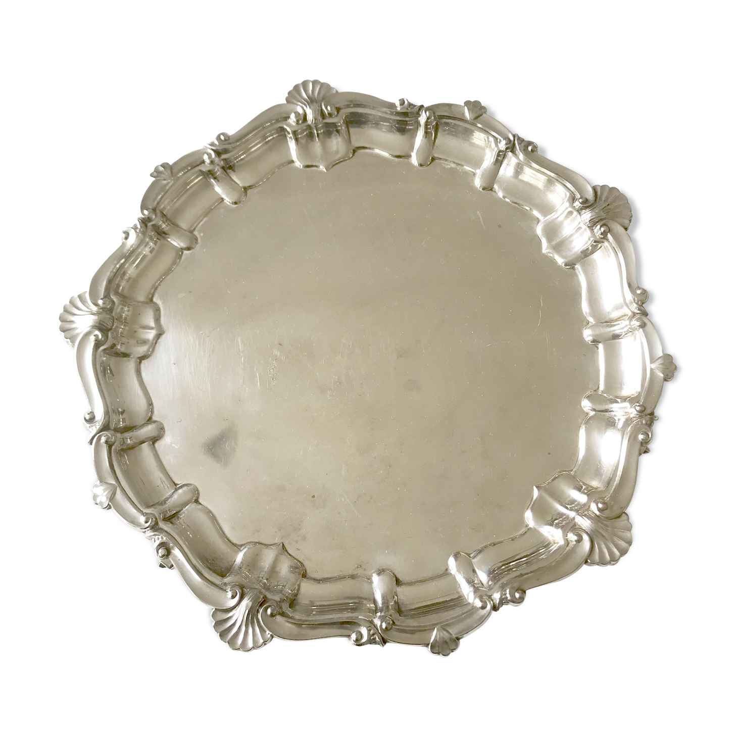 Antique silver metal platter with rockery décor