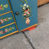 Vintage wooden dressing table painted blue with floral decoration, triptych mirror, 1940s.