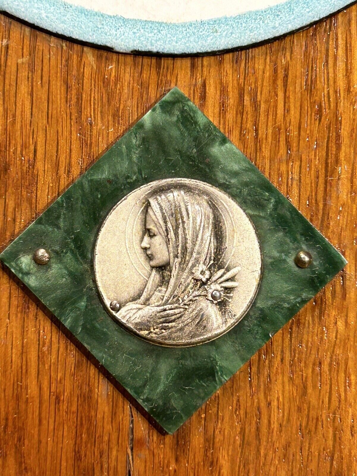 Old bedside oratory, oak, enamelled plaque, holy virgin, lourdes