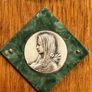 Old bedside oratory, oak, enamelled plaque, holy virgin, lourdes