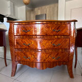 Commode marquetterie and its two bedside tables marble and bronze