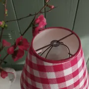 Pair of small lamps in gilded bronze by Petitot and red gingham lampshades.