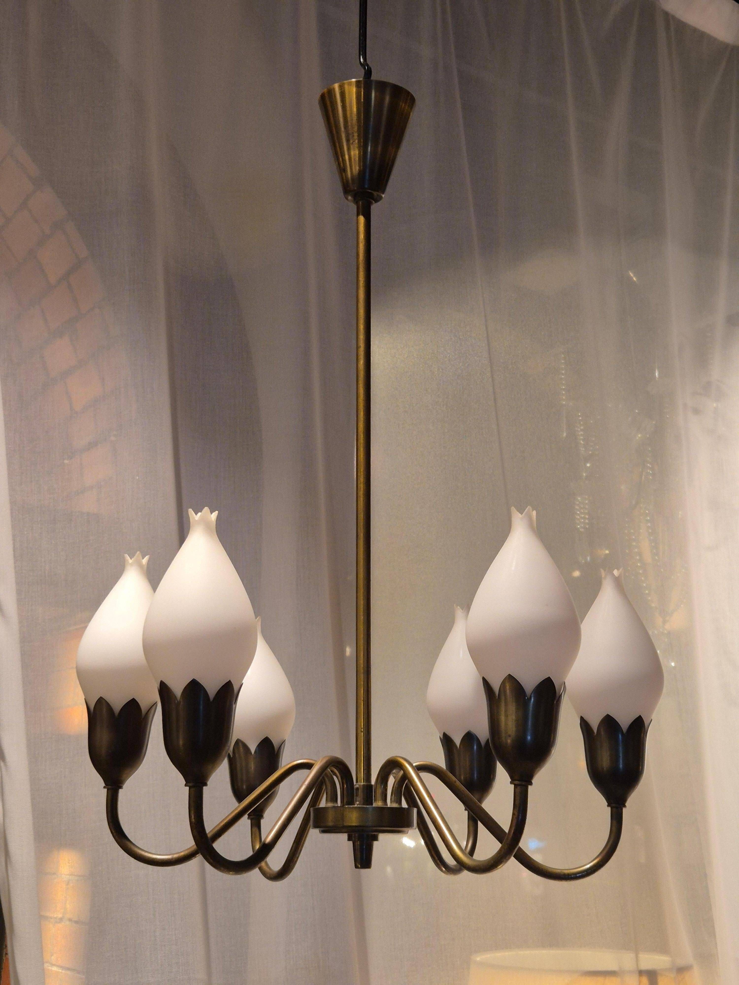 Lustre "Tulip" in brass and glass by Fog and Morup, Denmark.