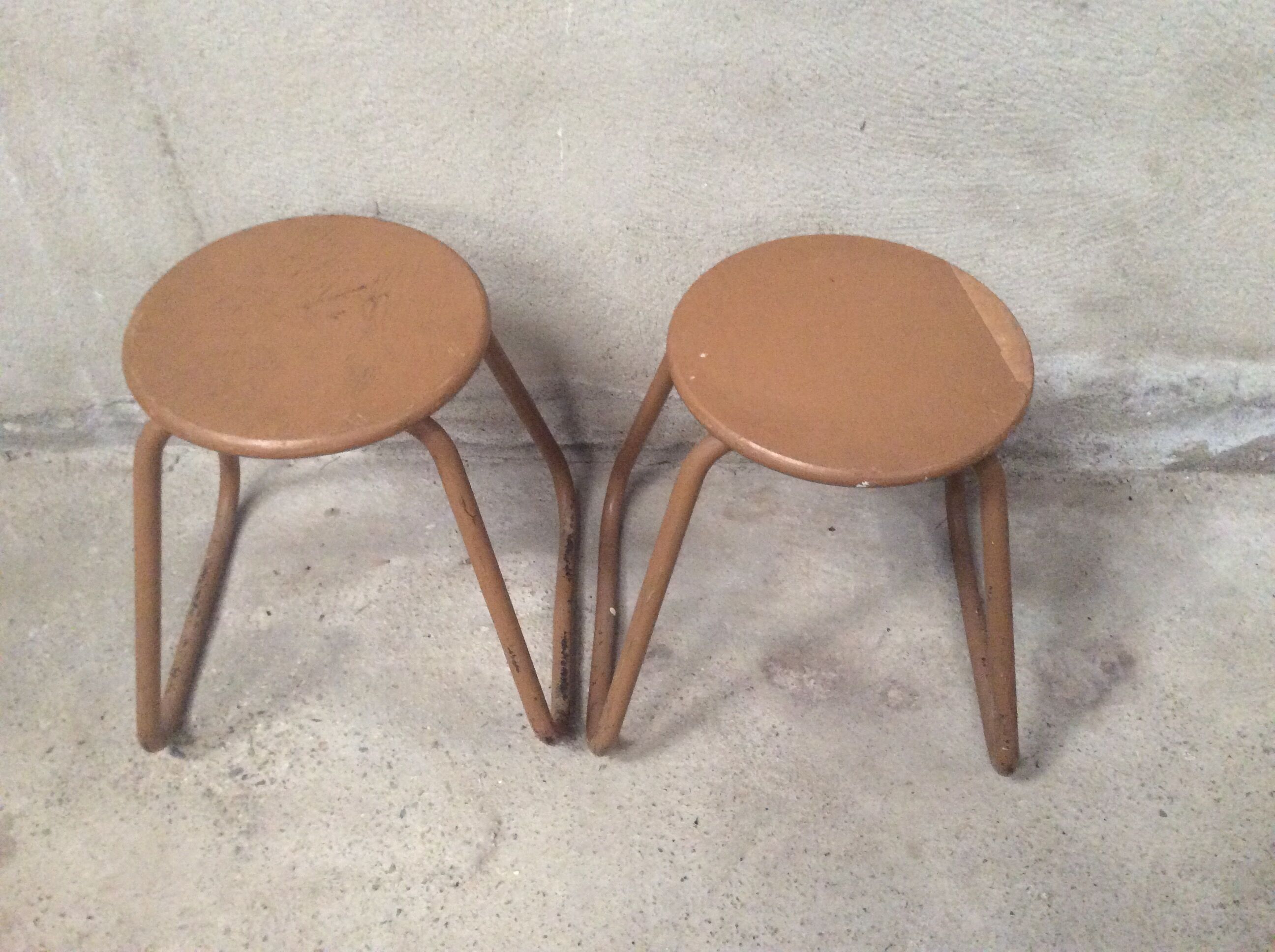 Pair of industrial metal wood workshop stools 1970