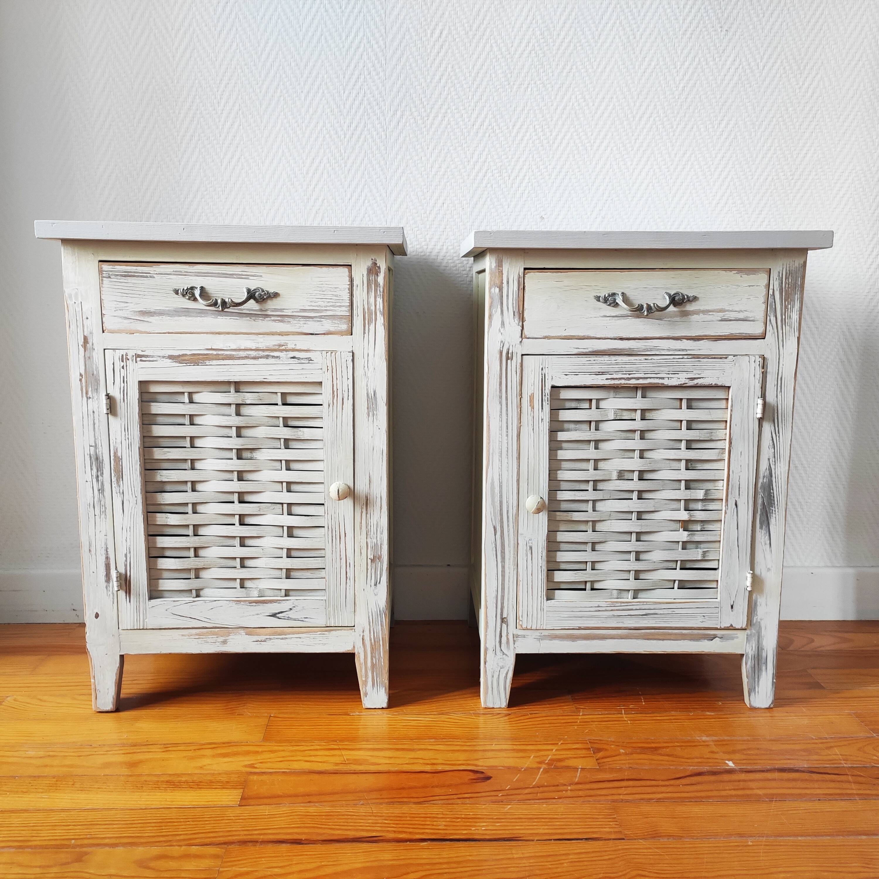 Pair of patinated bedside tables and end tables