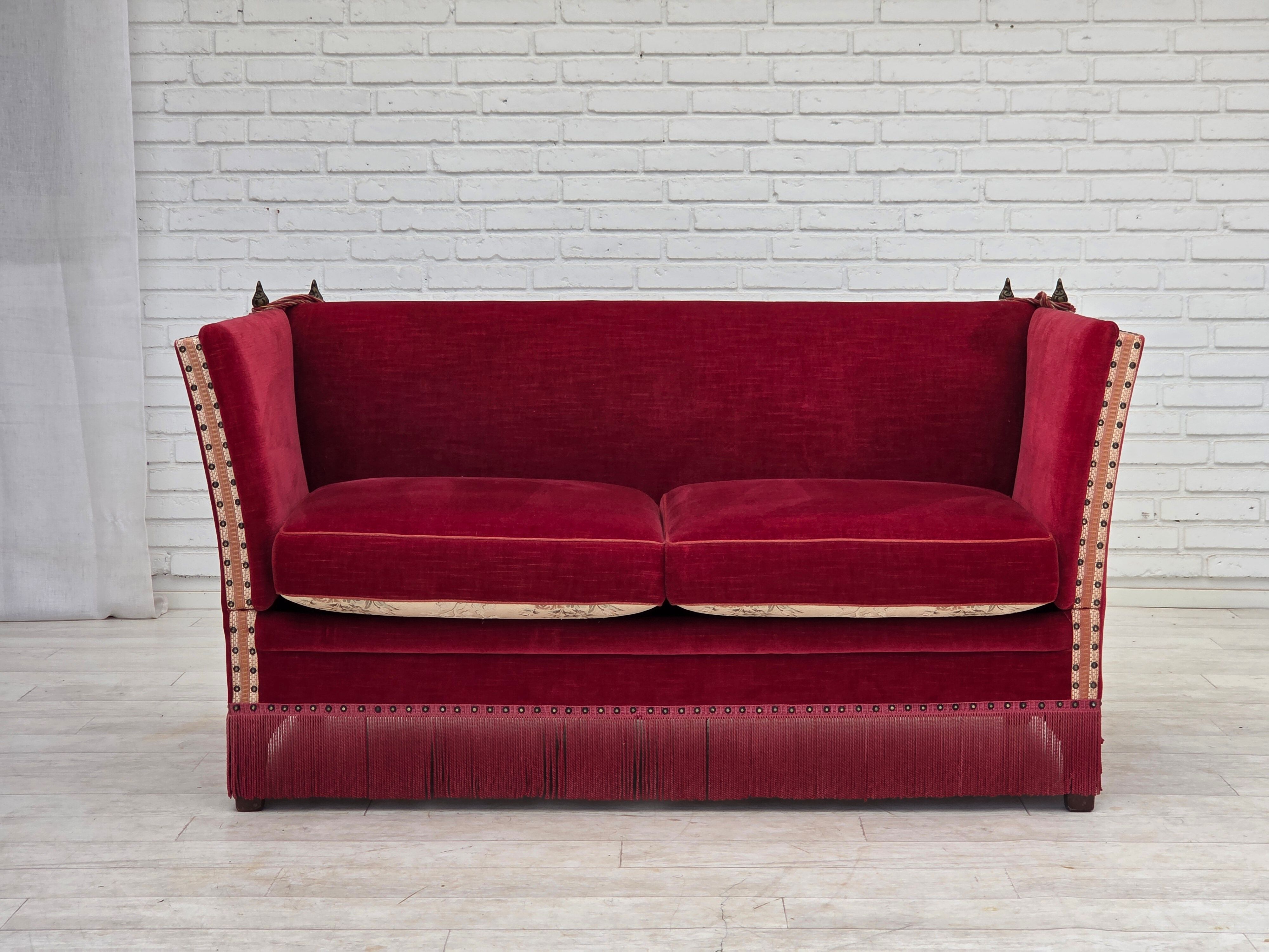 1970s, Danish 2-seater drop arm sofa, furniture velour.