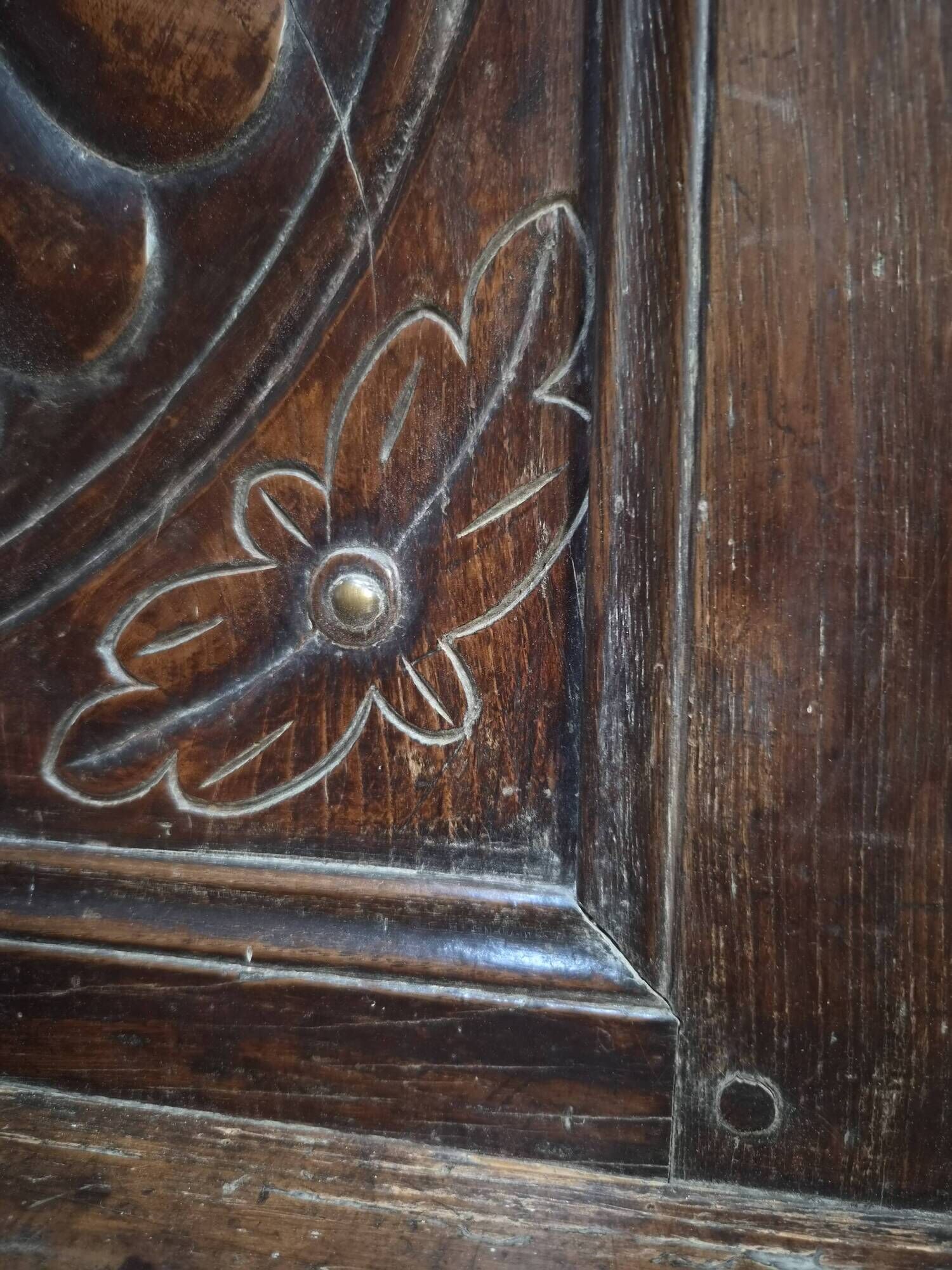 Old French popular art bench from Auvergne, circa 1800–1850
