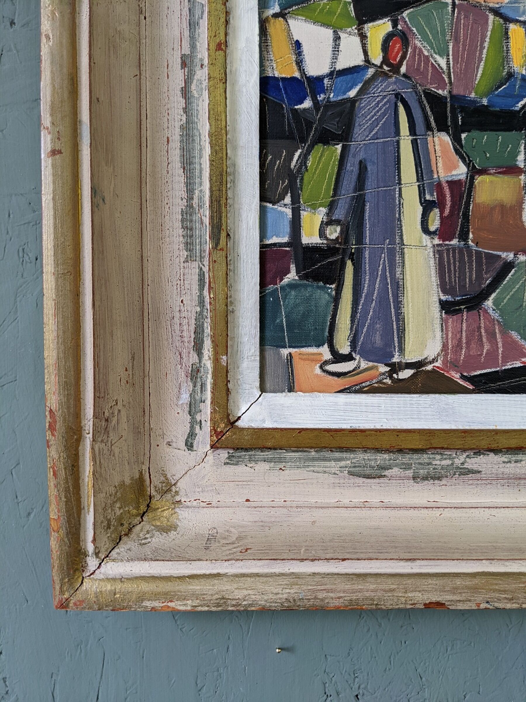 1951 Mid-Century Modern "Figures in Colour" Vintage Geometric Abstract Figurative Oil Painting, Fram